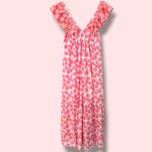 Ro's Garden For Gorsuch Pink Floral Cotton Silk Flutter Sleeve Jasmin Maxi Dress